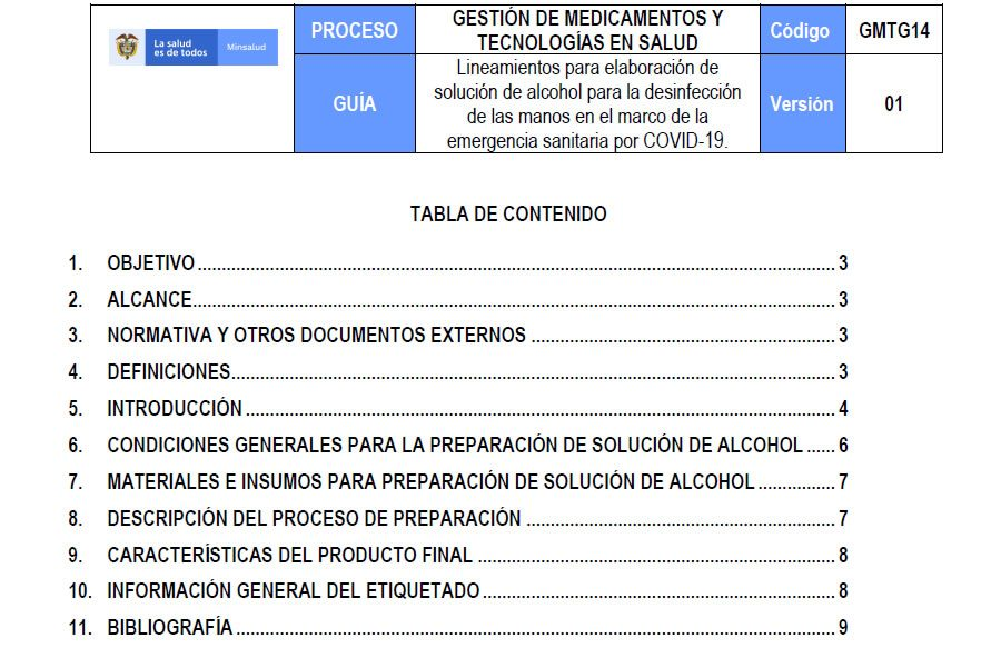 GUÍA DE LINEAMIENTOS PARA ELABORACIÓN DE SOLUCIÓN DE ALCOHOL PARA LA DESINFECCIÓN DE LAS MANOS
