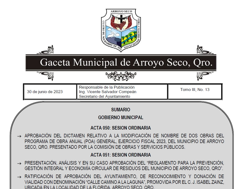 Reglamento de residuos y economía circular de Arroyo Seco Qro. 2023