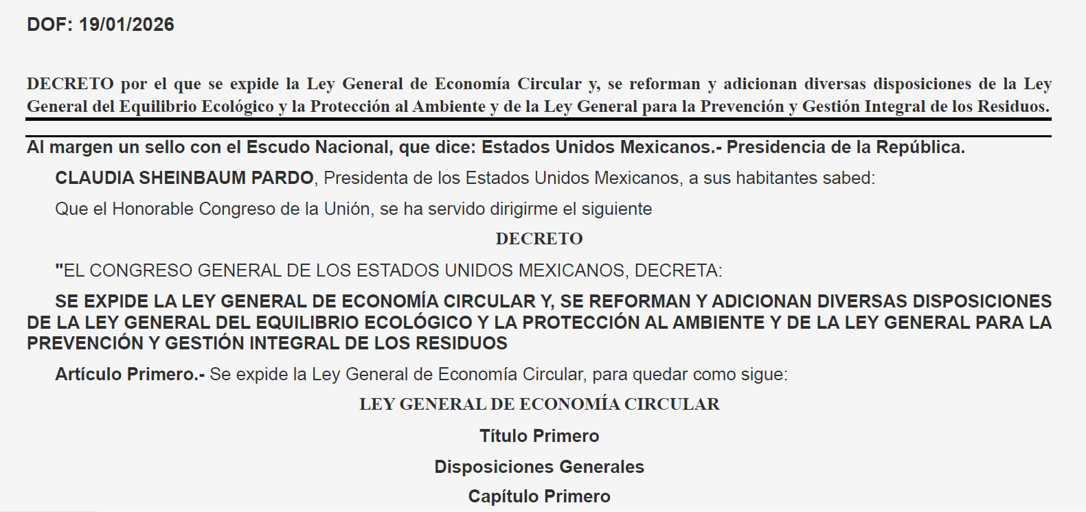 DECRETO EXPIDE LEY GENERAL ECONOMÍA CIRCULAR.