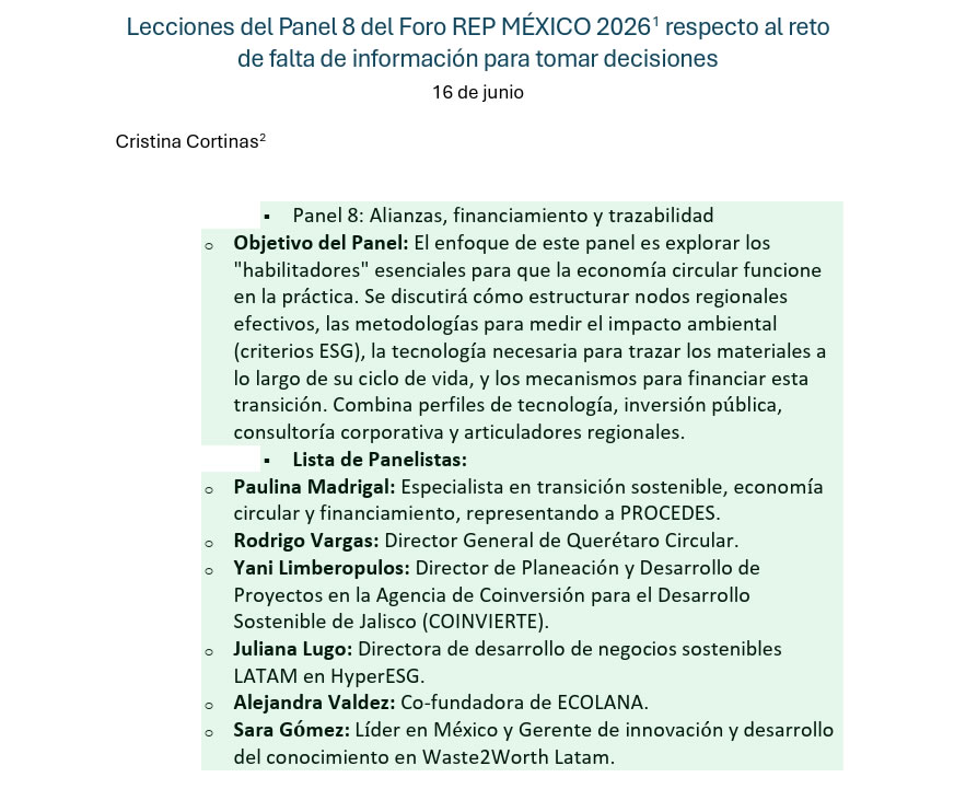 Difusión de lecciones del Panel 8 del Foro REP México 2026
