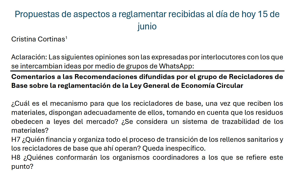 Propuestas de aspectos a reglamentar recibidas al día de hoy 15 de junio